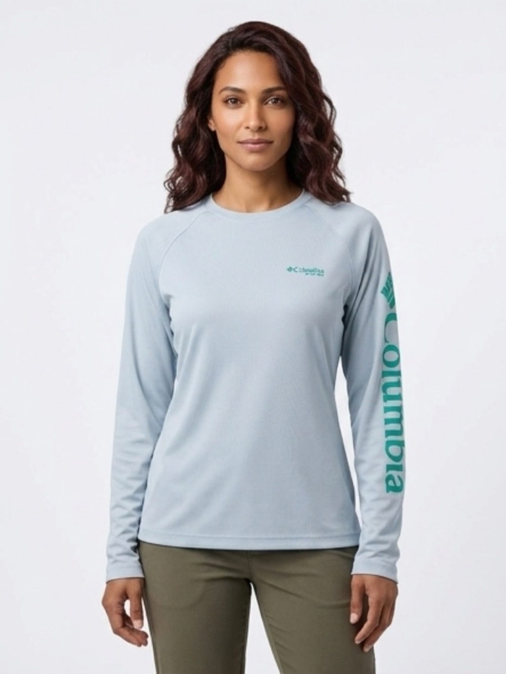 Columbia Women's Long Sleeve Performance Tee in Pale Blue with Teal Logo